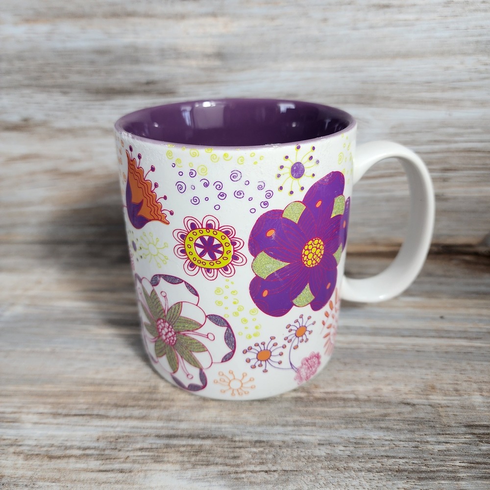 Formation Brands Floral Paisley Ceramic Mug Purple Orange White 16oz Glitter